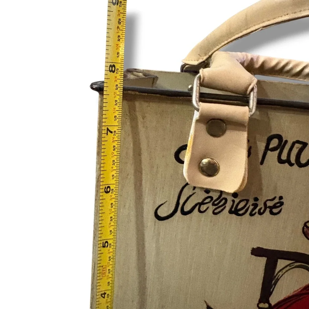 Vintage Style Painted Metal Cigar Box Purse Bin French Girl Cat Cream Tan Decor